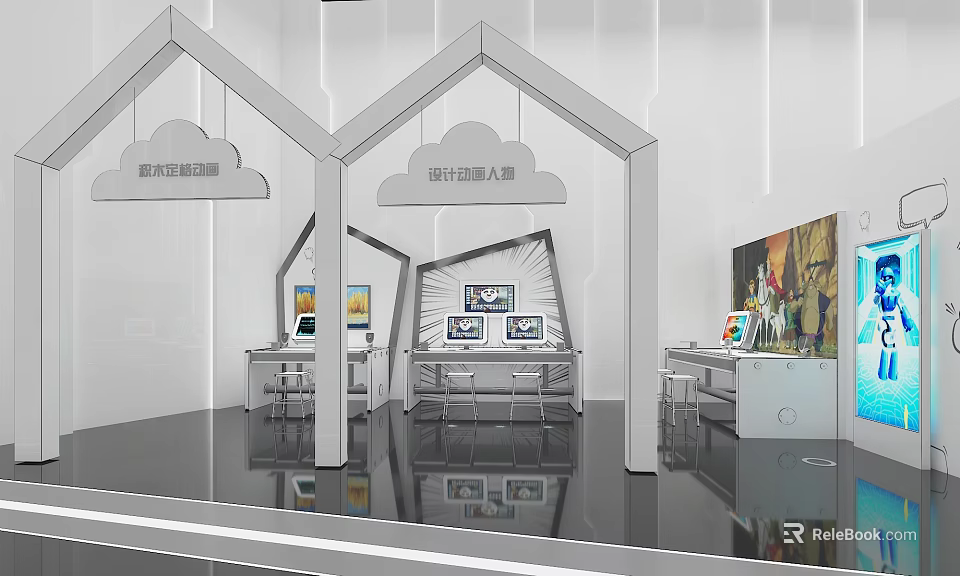 Digital Content Cloud And Design Robot Exhibition Space With Workstations Screens And Artworks 3d model 