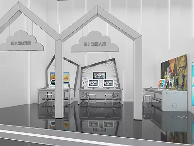 Digital Content Cloud And Design Robot Exhibition Space With Workstations Screens And Artworks 3d model