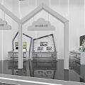 Digital Content Cloud And Design Robot Exhibition Space With Workstations Screens And Artworks