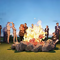 Garden Landscape With Bonfire Group Of People Camping Van Tent And Outdoor Camping
