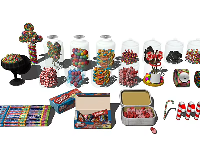 Assorted Colorful Candies in Glass Jars and Boxes with Lollipops Candy Canes and Sweet Treats 3d model