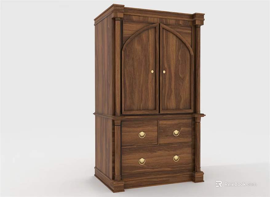 Classic Brown Wooden Wardrobe with Double Arched Doors and Four Drawers Featuring Golden Handles 3d model 
