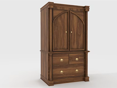 Classic Brown Wooden Wardrobe with Double Arched Doors and Four Drawers Featuring Golden Handles 3d model