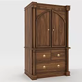 Classic Brown Wooden Wardrobe with Double Arched Doors and Four Drawers Featuring Golden Handles
