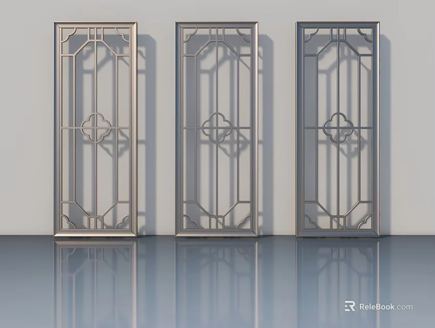 Three Modern Hinged Doors With Intricate Geometric Patterns In Silver Metal 3d model 