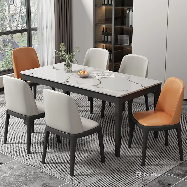 Modern Dining Table And Chairs Set With Marble Tabletop Black Legs White Orange Seats 3d model 