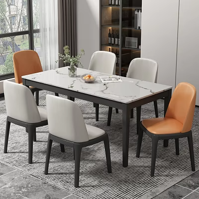 Modern Dining Table And Chairs Set With Marble Tabletop Black Legs White Orange Seats 3d model
