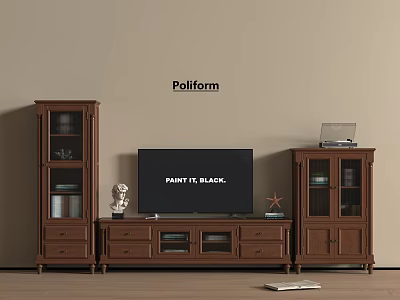 Poliform TV Stand With Black Screen Glass Door Storage Cabinets And Decorative Items 3d model