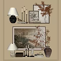 Decorative Accessories Set With Table Lamp Candle Holders Framed Artwork Vase On Beige Wall Shelf