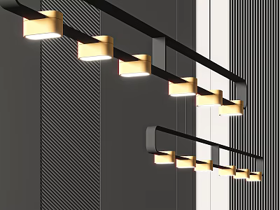 Modern Linear Pendant Lights With Black Track And Warm Glow Over Striped Wall 3d model