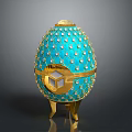 Unique Blue Egg Shaped Decorative Furniture With Gold Accents Geometric Pattern And Base Stand
