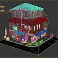 Cartoon Scene Traditional Japanese Two Story Building Shop With Front Awning Street Lamp And Balcony