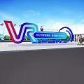 VR Themed Entrance At Xian International Expo Glass Building With Visitors