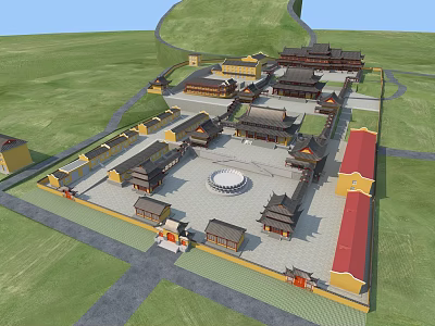 Ancient Architecture Complex Featuring Traditional Buildings Courtyard Central Square And Ancient-style Roofs 3d model
