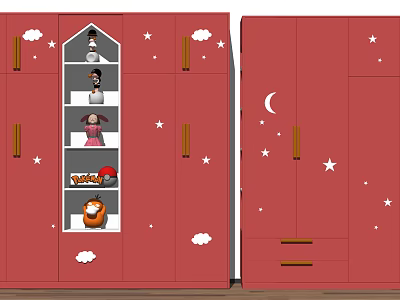 Red Kids Wardrobe With Star Moon Cloud Decor And Storage Compartments For Children 3d model