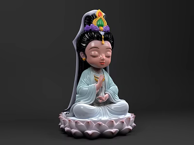 Exquisite Traditional Guanyin Sculpture Carving With Lotus Base And Decorative Headdress 3d model