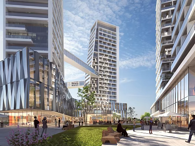 Modern High Rise Office Building With Glass Curtain Wall Commercial District Green Lawn And Pedestrians 3d model