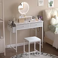 Bedroom Interior With White Dressing Table Mirror Cosmetics White Stool Beige Bed And Wooden Floor