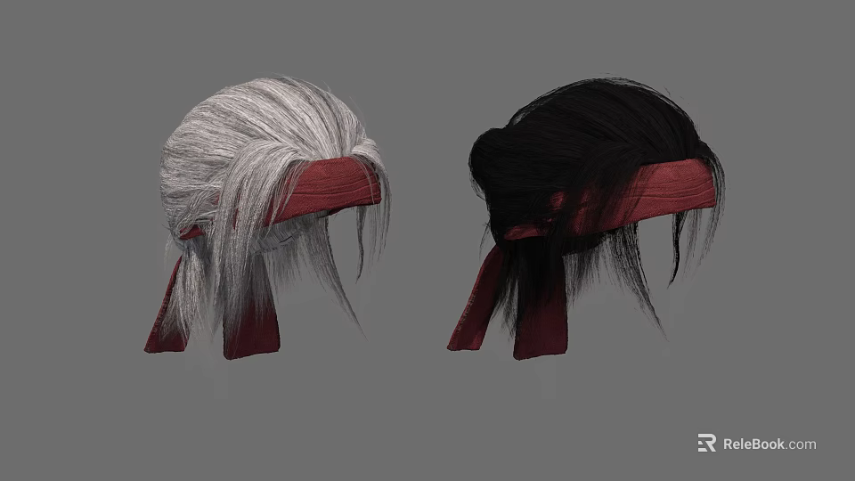 White and Black Wigs Displayed on Red Stands with Long Hair Strands 3d model 