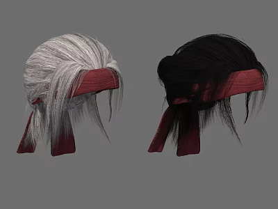 White and Black Wigs Displayed on Red Stands with Long Hair Strands 3d model