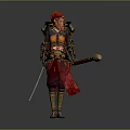 Mythical Game Movie Character With Red Hair Ornate Armor Hammer And Sword Red Cape