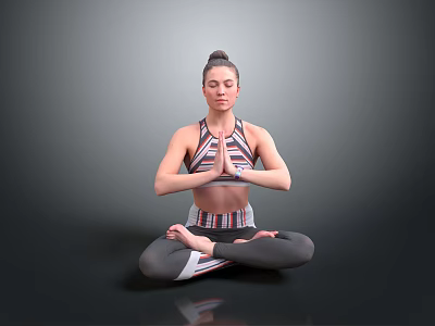 Woman Practicing Yoga In Cross Legged Pose With Namaste Hands Wearing Sportswear Against Gray Background 3d model