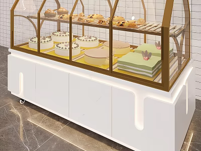 Dessert Shop Glass Display Case With Golden Frame And Various Cakes Pastries 3d model
