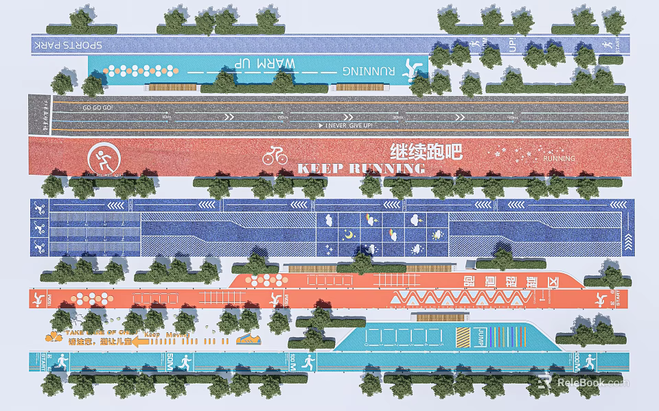 Park Landscape Planning With Running Track Bicycle Lane Colorful Areas And Green Trees 3d model 