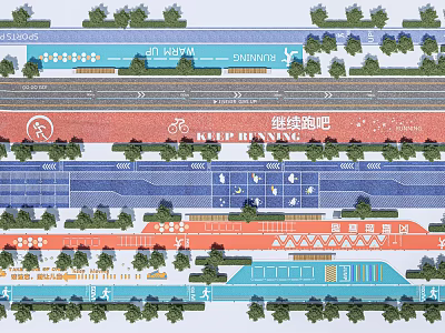 Park Landscape Planning With Running Track Bicycle Lane Colorful Areas And Green Trees 3d model