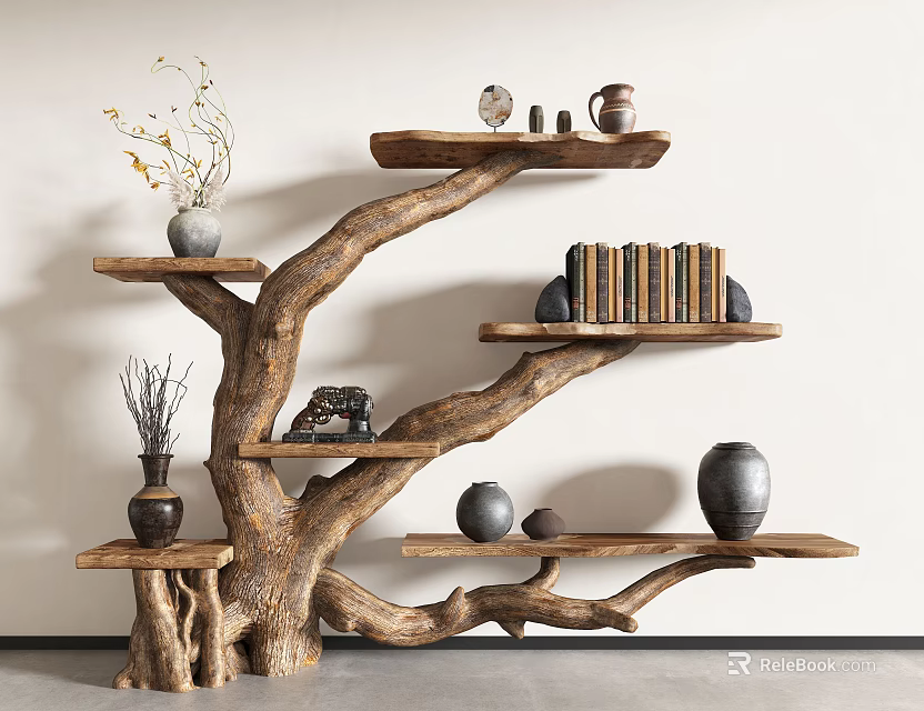 Natural Tree Shaped Wooden Shelving Unit With Multiple Shelves For Vases Books And Decorative Stones 3d model 