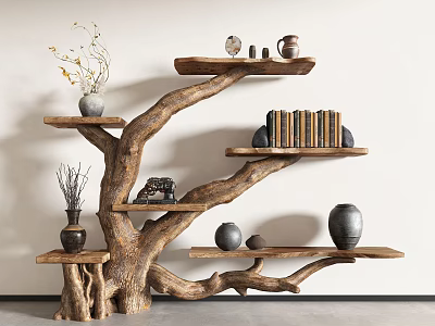 Natural Tree Shaped Wooden Shelving Unit With Multiple Shelves For Vases Books And Decorative Stones 3d model