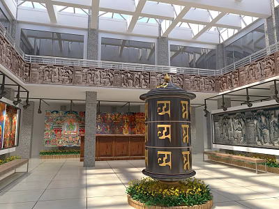 Traditional Temple Hall Interior With Large Prayer Wheel Murals And Glass Skylight 3d model