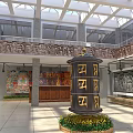Traditional Temple Hall Interior With Large Prayer Wheel Murals And Glass Skylight