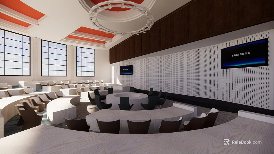 Spacious Conference Room With Round Table Black Chairs Modern Chandelier Large Windows And Flat Screens 3d model 
