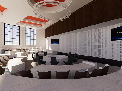 Spacious Conference Room With Round Table Black Chairs Modern Chandelier Large Windows And Flat Screens 3d model