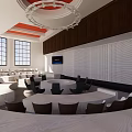 Spacious Conference Room With Round Table Black Chairs Modern Chandelier Large Windows And Flat Screens