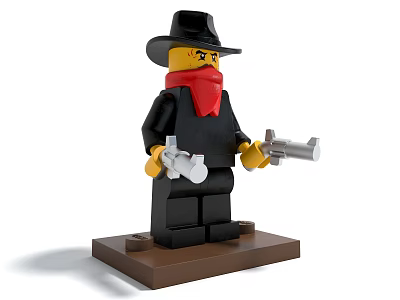 Lego Cowboy Minifigure With Black Hat Red Scarf Two Guns And Base 3d model