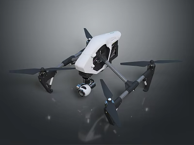 Sleek White And Black Drone Design With Rotating Propellers And Camera Equipment 3d model