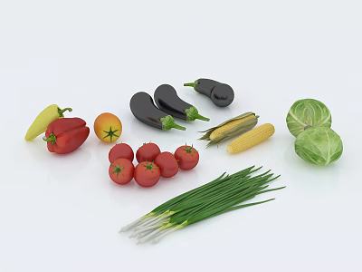 Fresh Variety Of Vegetables With Eggplants Yellow Red Bell Peppers Tomatoes Corn Cabbage And Scallions 3d model