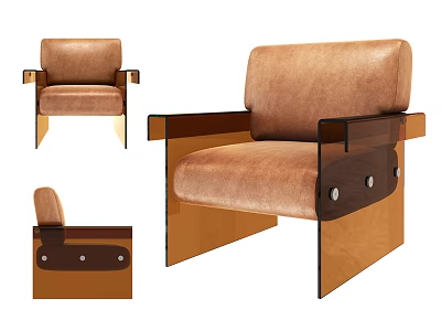 Brown Leather Armchair with Acrylic Armrests and Modern Minimalist Design Features 3d model