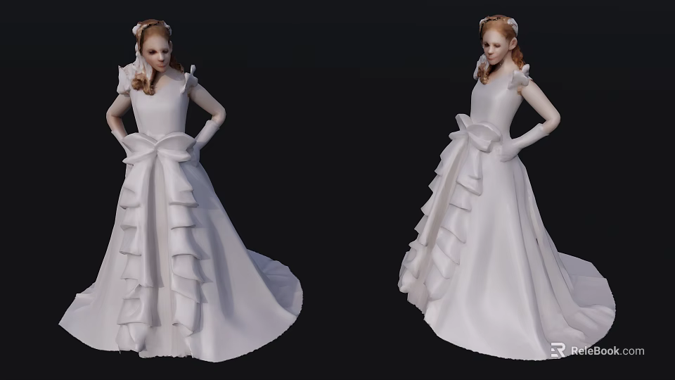 Woman In Elegant White Formal Gown With Large Bow Ruffled Skirt And Long Sleeves 3d model 