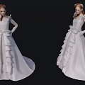 Woman In Elegant White Formal Gown With Large Bow Ruffled Skirt And Long Sleeves