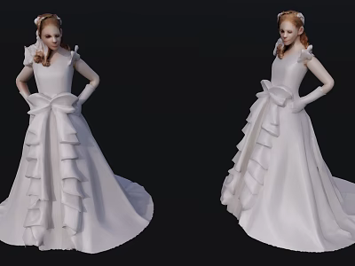 Woman In Elegant White Formal Gown With Large Bow Ruffled Skirt And Long Sleeves 3d model
