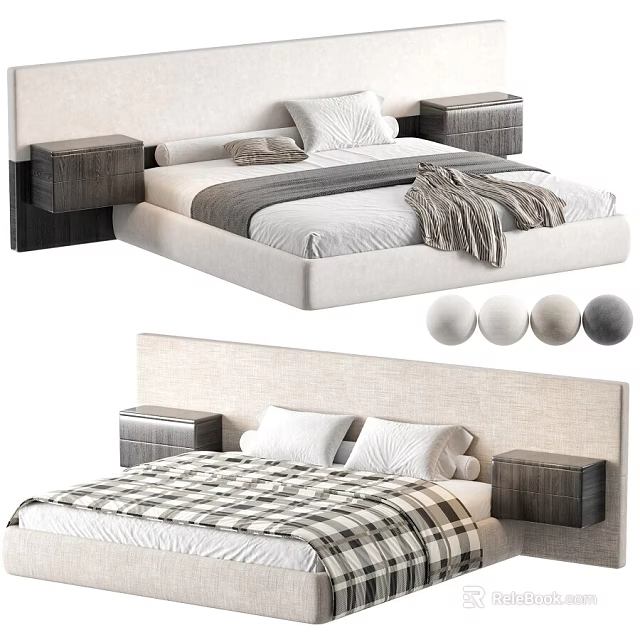 Modern Double Bed With Upholstered Headboard Wooden Nightstands And Plaid Blanket 3d model 