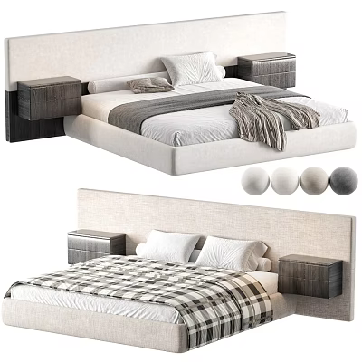 Modern Double Bed With Upholstered Headboard Wooden Nightstands And Plaid Blanket 3d model