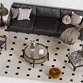 Stylish Black Leather Sofa Coffee Table Set With Decorative Pillows And Checkered Rug 3d model