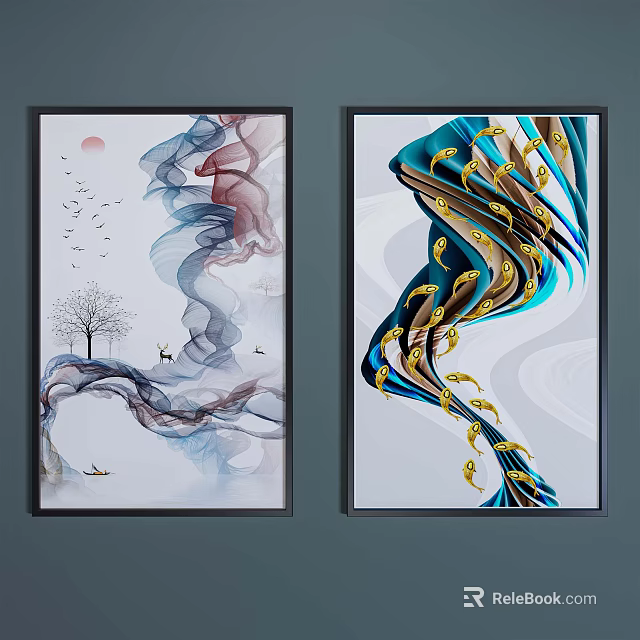 Abstract Decorative Paintings With Golden Fish Flowing Colors And Bird Tree Elements 3d model
