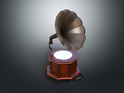 Vintage Phonograph With Wooden Octagonal Base White Circular Top And Metal Horn Speaker Design 3d model