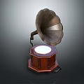 Vintage Phonograph With Wooden Octagonal Base White Circular Top And Metal Horn Speaker Design