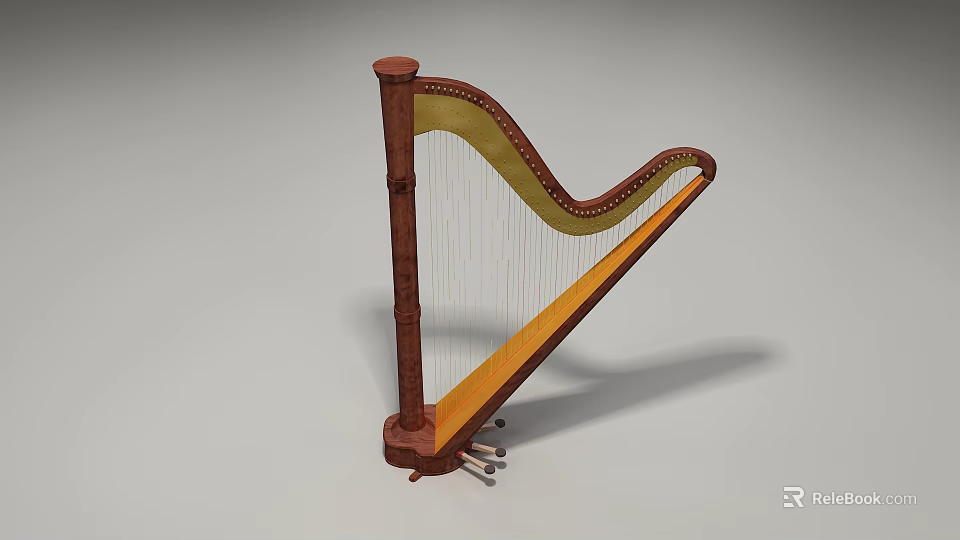Classic Wooden Harp Instrument With Curved Frame And Metal Strings For Music 3d model 